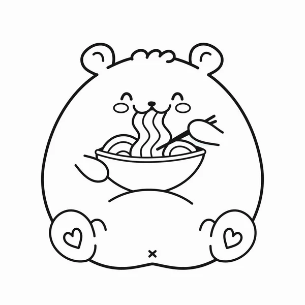 Sevimli, neşeli beyaz ayı kaseden şehriye yiyor. Vektör çizgisi karikatür karikatürü kawaii karakter çizim ikonu tasarımı. Ayı boyama kitabı konsepti için erişte yiyor. Beyaz arkaplanda izole — Stok Vektör