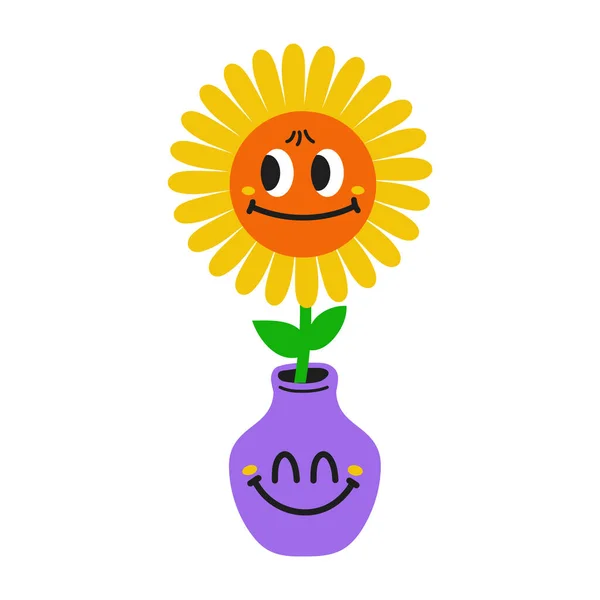 ( 영어 ) Cute funny kawaii smile face a flower in vase.Vector ( 영어 ) 만화 ( 영어 ) kawaii character articles design.positive vintage ( 영어 ) smile face, chamomile flower, garden 컨셉트 — 스톡 벡터