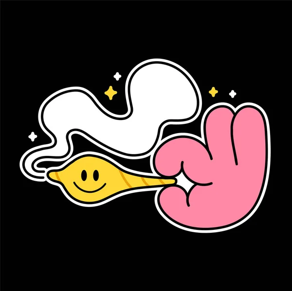 Cute zabawna ręka trzymać trawkę joint z uśmiechem na twarzy. Vector doodle linii kreskówki Kawaii znak naklejki Ilustracja logo ikona. Śmieszna kreskówka z marihuaną, trawką, konopie indyjskie, koncepcja logo palenia — Wektor stockowy