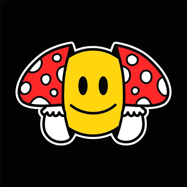 Zwei Amanita-Pilze mit einem Lächeln im Gesicht. Vector handgezeichnete Doodle-Zeichentrickfigur im Stil der 90er Jahre. Trippy Lächeln Smiley-Gesicht, Amanita Pilz-Konzept — Stockvektor