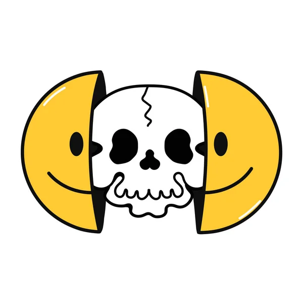 Two half of smile face with skull inside. Vector hand drawn doodle cartoon character illustration. Smile emoji face,skull in head print for t-shirt, poster, card concept — Stock Illustration Two half of smile face with skull inside. Vector hand drawn doodle cartoon character illustration. Smile emoji face,skull in head print for t-shirt, poster, card concept Stock Illustration