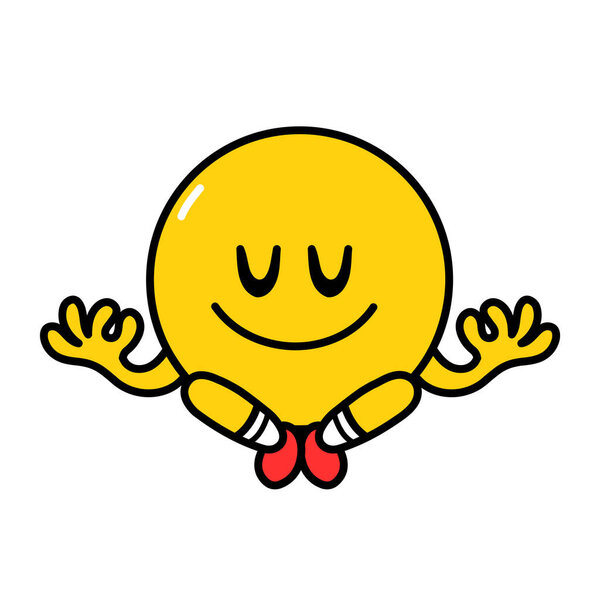 Симпатичная смешная улыбка эмодзи в позе йоги. Векторная плоская линия - икона карикатуры на персонажа Хави. Изолированный на белом фоне. Концепция круга жёлтых эмодзи Лицензионные Стоковые Векторы