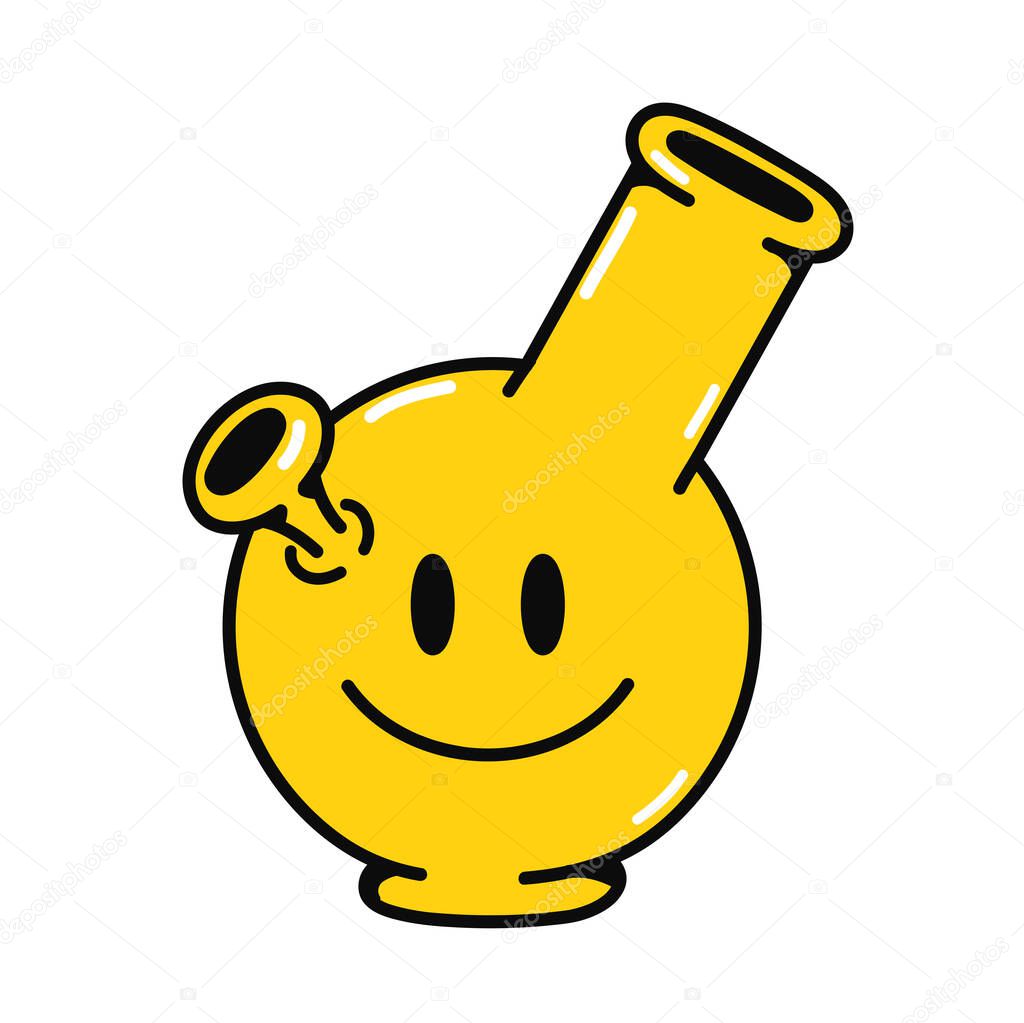 Bong with smile face emoji logo. Vector hand drawn doodle cartoon character logo illustration. Smile emoji face,bong,smoke cannabis,weed,marijuana print for t-shirt, poster, card concept