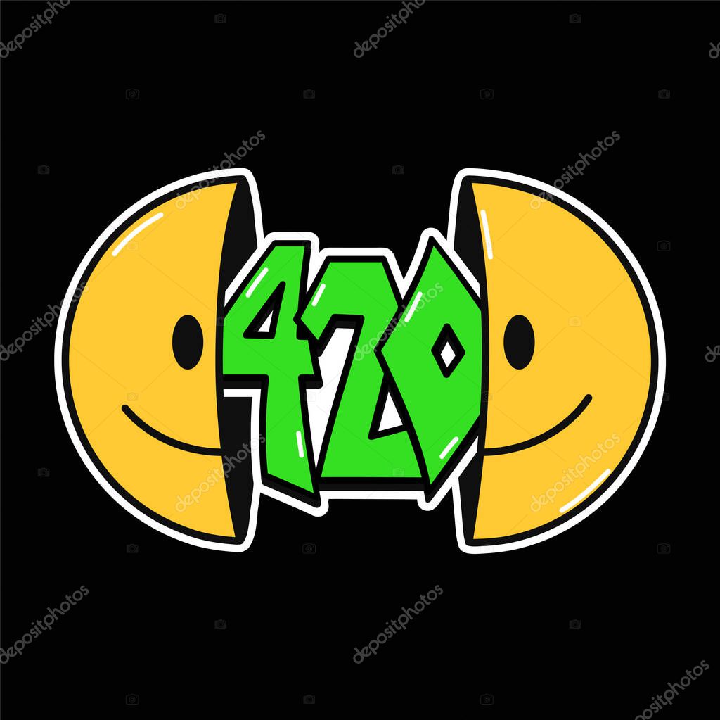 Half of smile face with 420 quote inside, tee,t-shirt print. Vector hand drawn line 70s style cartoon character illustration. Trippy half smile,420,weed print for t-shirt,poster,card,sticker concept
