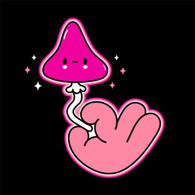 Tişört desenli şirin sihirli mantar. Vektör el çizimi çizgi film karakteri çizimi. Trippy psilosibin sihirli mantar, sevimli kawaii yüz izi tişört, poster, çıkartma konsepti
