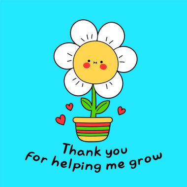 Esrar kartında şirin bir papatya çiçeği. Alıntı yapmama yardım ettiğin için teşekkür ederim. Vector doodle çizgi filmi Kawaii karakter çizim logosu. Esrar karikatüründeki çiçek kawaii Sevgililer Günü kartı konsepti