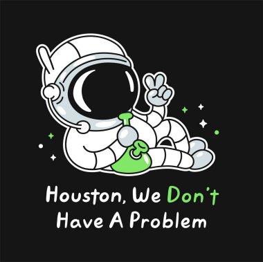 Nargileli sevimli, komik astronot barış jesti göster. Houston, bir sloganımız yok. Vektör karalama çizgisi çizgi filmi Kawaii karakter çizim simgesi. Astronot, ot çizgi film konsepti