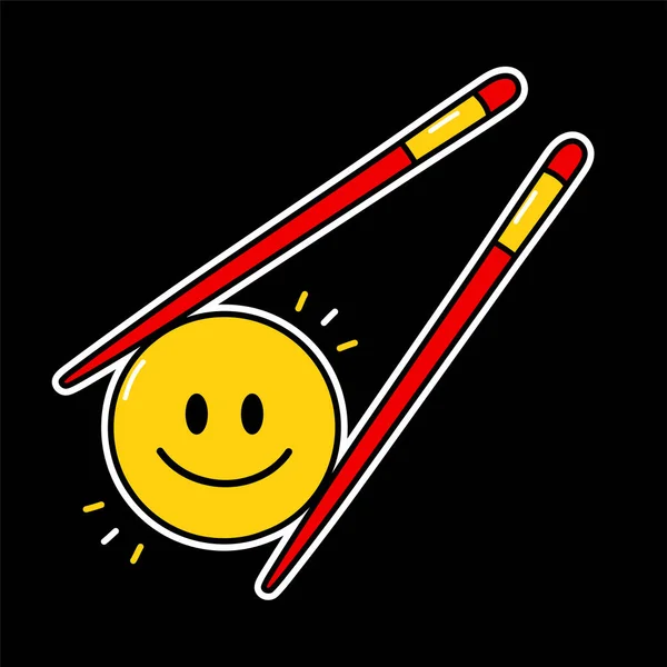 Bonito engraçado emoji sorriso rosto em asiático chopsticks.Vector linha doodle desenho animado kawaii personagem ilustração icon.Yellow emoji círculo em chinês chopsticksprint para cartaz, logotipo, t-shirt, conceito de adesivo —  Vetores de Stock