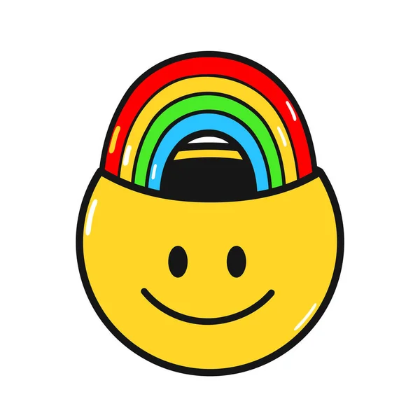 Lustiges Lächeln Gesicht mit Regenbogen drinnen. Vector handgezeichnetes Doodle im Stil der 90er Jahre Zeichentrickfigur Illustration.Positives Lächeln Gesicht, Antidepressivum, Regenbogen, kreatives Denkkonzept — Stockvektor
