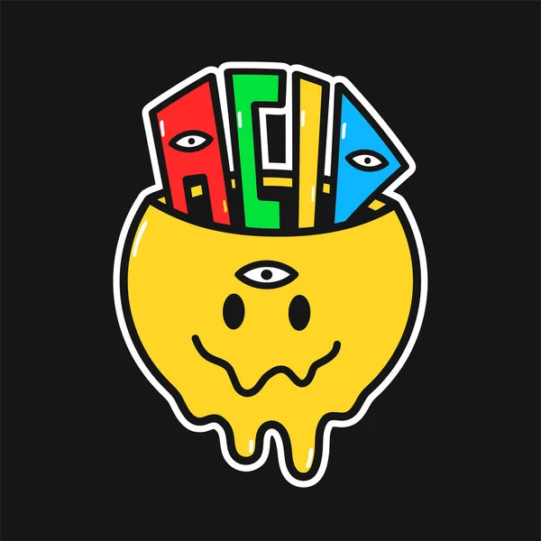 Engraçado derreter rosto sorriso com palavra ácida dentro. Vector mão desenhado doodle 90s estilo cartoon personagem ilustração logotipo. Trippy sorriso rosto, lsd, ácido, impressão viagem para t-shirt, cartão, adesivo, patch, conceito de cartaz — Vetor de Stock