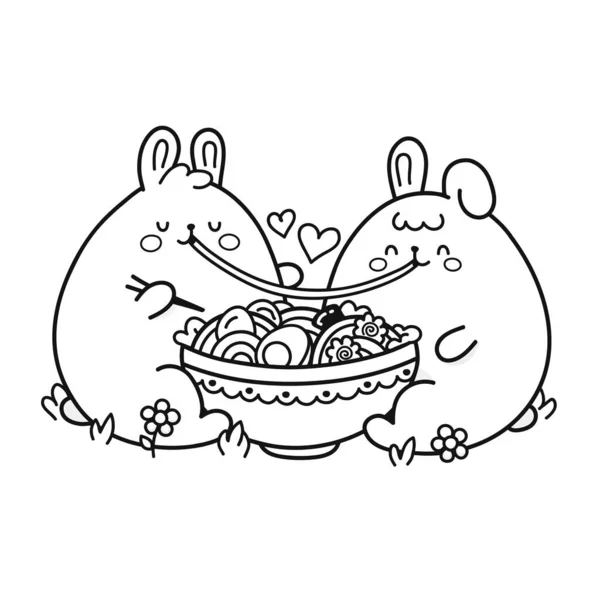 행복 한 토끼 커플은 그릇에서 라면을 먹지. Vector doodle 색칠 만화 kawaii 문자 삽화 아이콘 design.Bunny couple in love page for coling book. 흰 배경에 고립됨 — 스톡 벡터