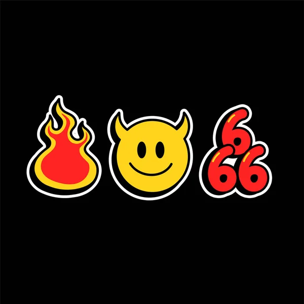 Rolig demon leende ansikte, helvete eld, 666 siffror t-shirt print.Vector tecknad karaktär illustration ikon design.Demon horn leende ansikte, satanisk, djävul, brand, helvete tryck för t-shirt, kläder, affisch koncept — Stock vektor