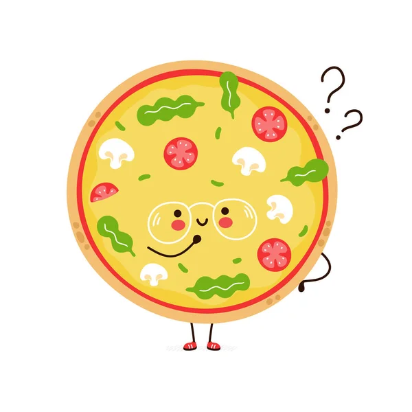 Aranyos vicces pizza szemüvegben karakter kérdőjellel. Vektor kézzel rajzolt rajzfilm kawaii karakter illusztráció ikon. Elszigetelve, fehér háttérrel. Pizza karakter koncepció — Stock Vector