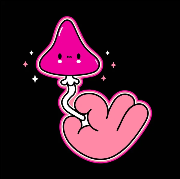 Cute magic mushroom in hand t-shirt print design. Vector hand drawn logo cartoon character illustration. Trippy psilocybin magic mushroom, cute kawaii face print for t-shirt,poster,sticker concept — Stock Vector