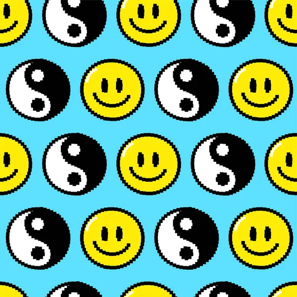 Trippy úsměv tvář, Yin Yang pixel umění bezproblémové vzor. Vektorový kreslený grafický ilustrační design. Trippy úsměv tvář, psychedelický, techno pixel art, 8 bit, 16 bit styl tisku pro plakát, t-shirt koncept — Stockový vektor