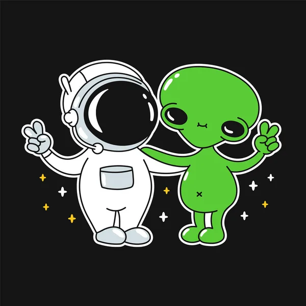 Astronauta humano engraçado bonito e verde alienígena mostrar gesto de paz. Vector doodle linha cartoon kawaii personagem ilustração ícone. Astronauta, alien, cosmos, espaço melhor conceito de mascote de desenhos animados amigos — Vetor de Stock