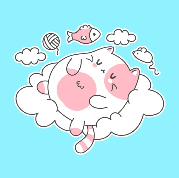 Lindo gato divertido dormir en la nube character.Vector dibujado a mano doodle dibujos animados kawaii carácter ilustración logo. Lindo feliz gatos dormir, acogedor sueño, perezoso dibujos animados carácter concepto — Archivo Imágenes Vectoriales