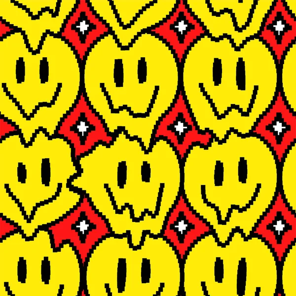 Sorriso engraçado trippy derreter ícone de arte pixel rosto. Vector doodle desenho animado design ilustração gráfica. Trippy sorriso rosto, psicodélico, techno pixel art, 8 bit, 16 bit estilo de impressão para cartaz, conceito de t-shirt — Vetor de Stock