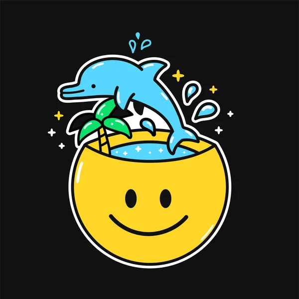 Lustiges Lächeln Gesicht mit Sprung Delphin, Palme, Meer im Inneren. Vector handgezeichnetes Doodle im Stil der 90er Jahre Zeichentrickfigur Illustration.Positives Lächeln Gesicht, gute Laune, Urlaub, Meer, Delphin, happy mind concept — Stockvektor