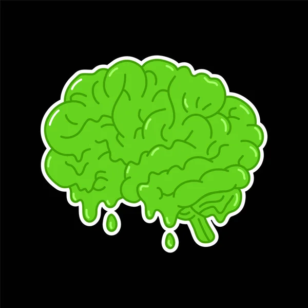 Funny acid green melting human brain organ.Vector hand drawn doodle line style cartoon character logo illustration. Human brain organ,anatomy,green melt acid,poison logo concept — Stock Vector