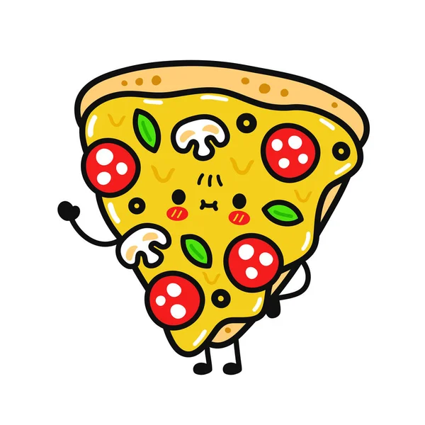 Sevimli komik, mutlu pizza maskotu. Vektör karalama çizgisi çizgi filmi Kawaii karakter çizim simgesi. Beyaz arka planda izole edilmiş. Pizza çizgi film maskotu konsepti — Stok Vektör