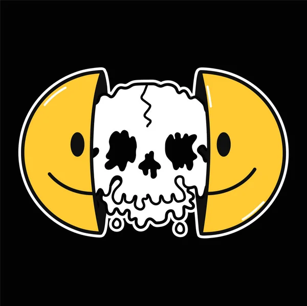 Two half of smile face with melting skull inside. Vector hand drawn doodle cartoon character illustration. Smile emoji face,melt flex acid skull in head,techno print for t-shirt, poster, card concept — Stock Illustration Two half of smile face with melting skull inside. Vector hand drawn doodle cartoon character illustration. Smile emoji face,melt flex acid skull in head,techno print for t-shirt, poster, card concept Vector Graphics