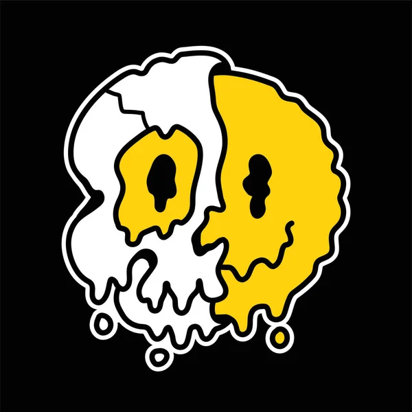 Half of skull with melt smile face inside. Vector hand drawn line doodle 70s style cartoon character illustration. Trippy half skull, psychedelic,smile emoji face print for t-shirt,poster,card concept — Stock Illustration Half of skull with melt smile face inside. Vector hand drawn line doodle 70s style cartoon character illustration. Trippy half skull, psychedelic,smile emoji face print for t-shirt,poster,card concept Stock Vector