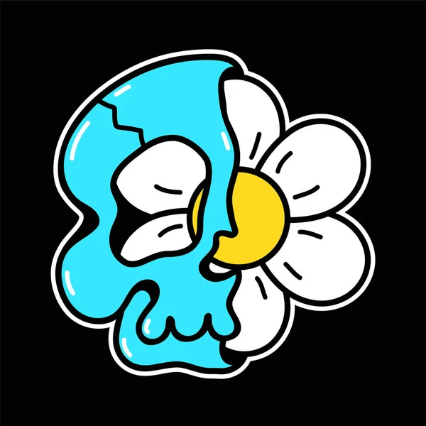 Half of blue skull with camomile flower inside tee,t-shirt print. Vector hand drawn line 70s style cartoon character illustration. Trippy half skull,flower print for t-shirt,poster,card concept — Stock Illustration Half of blue skull with camomile flower inside tee,t-shirt print. Vector hand drawn line 70s style cartoon character illustration. Trippy half skull,flower print for t-shirt,poster,card concept Royalty Free Stock Vectors