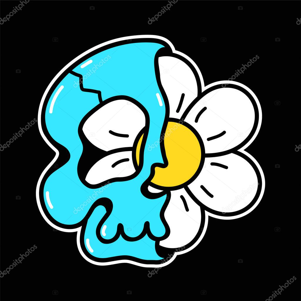 Half of blue skull with camomile flower inside tee,t-shirt print. Vector hand drawn line 70s style cartoon character illustration. Trippy half skull,flower print for t-shirt,poster,card concept
