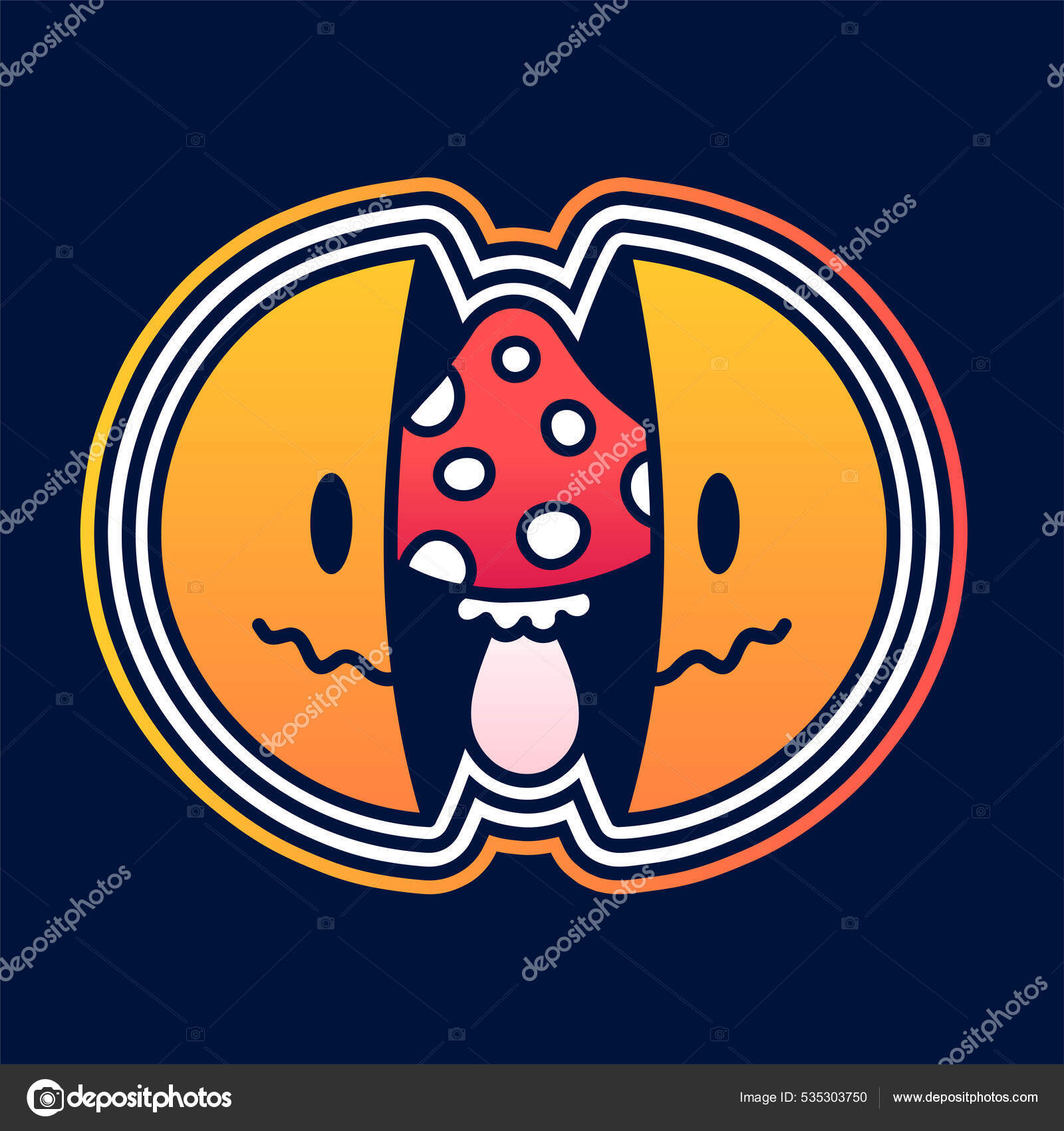 웃는 얼굴의 반쪽 안 에는 아메 니타 버섯이 들어 있습니다. 벡터 손 낙서 90 스타일의 만화 캐릭터 로고 삽화. 하얀 배경에 고립되어  있습니다. Trippy 미소 표정 , amanita 버섯 컨셉트 스톡 벡터 - ©, image size:1600x1700