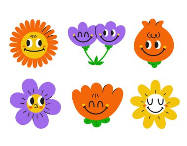 Şirin, komik kawaii gülüşü çiçek koleksiyonuna bakıyor. Vektör çizgi film kawaii karakter çizimi. Pozitif klasik gülümseme yüz, papatya çiçeği, çiçek demeti konsepti.
