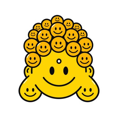 Tişört baskısı sanatı için komik bir Buda suratı. Vektör çizgisi karikatür grafik çizim logosu tasarımı. Beyaz arka planda izole edilmiş. Poster ve tişört konsepti için Buddha yüz izi.