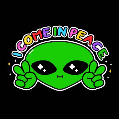 Komik sevimli, mutlu uzaylı barış jesti. Barışçıl bir ifadeyle geldim. Vektör el çizimi karikatür çizim simgesi. Uzaylı, UFO, hippi, tişört, poster, kart konsepti için barış işareti baskısı