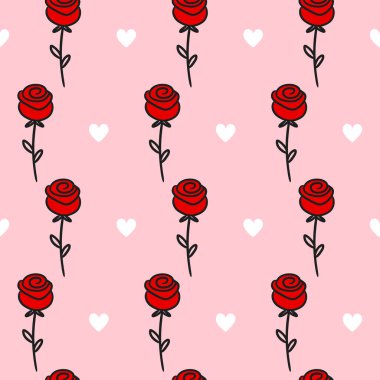 Gül ve kalpler romantik, pürüzsüz bir düzen. Vektör karikatür el çizimi karalama grafik tasarımı. Gül çiçeği, kalp, aşk, Sevgililer günü kusursuz desen konsepti