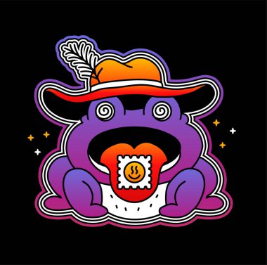 Funny trippy psychedelic frog with acid lsd mark on tongue. Vector hand drawn line cartoon character illustration. Trippy psychedelic frog,toad print for t-shirt, poster,sticker,cover,card concept clipart