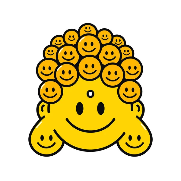 Divertida sonrisa linda cara de Buda para el arte de impresión camiseta. Línea vectorial doodle dibujo animado diseño de logotipo ilustración gráfica. Aislado sobre fondo blanco.Smile Buddha impresión de la cara para el póster, concepto de camiseta — Archivo Imágenes Vectoriales