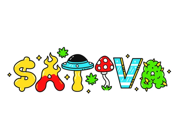 Sativa Zitat, trippy psychedelischen Stil Lettern. Vector handgezeichnete Doodle Cartoon Illustration. Sativa-Zitat.Lustige Trippelbriefe, Acid Fashion Print für T-Shirt, Poster-Konzept — Stockvektor