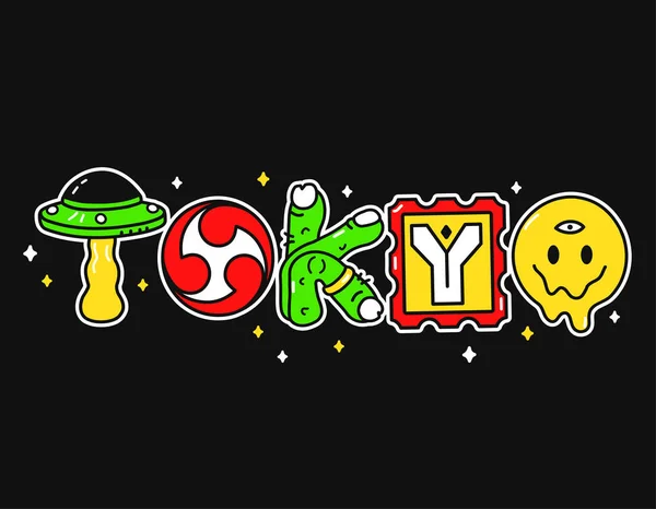 Zitat Tokio Stadt, trippy psychedelischen Stil Buchstaben. Vector handgezeichnete Doodle Zeichentrickfigur Illustration. Zitat aus Tokio: Lustige Trippelbriefe, Japan, Acid Fashion Print für T-Shirts, Plakatkonzept — Stockvektor