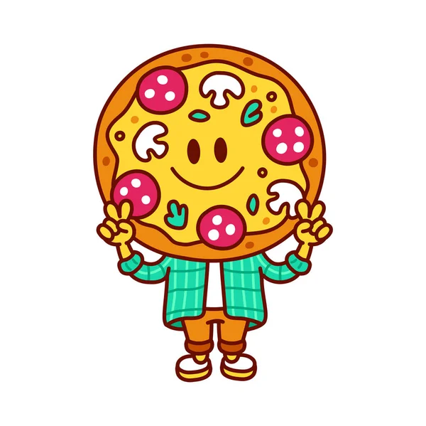 Sevimli, mutlu pizza barış jesti gösteriyor. Vektör karalama çizgisi çizgi filmi Kawaii karakter çizim simgesi. Beyaz arka planda izole edilmiş. Pizza çizgi film maskotu konsepti — Stok Vektör