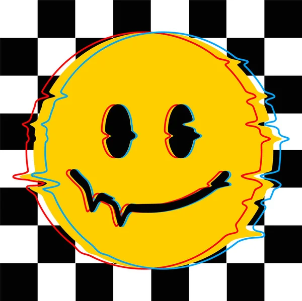 Funny crazy glitch distorsion line smile face on geometry grid.Vector crazy cartoon character illustration.Smile glitch distortion techno, trippy acid print for poster, sticker, t-shirt concept — Archivo Imágenes Vectoriales