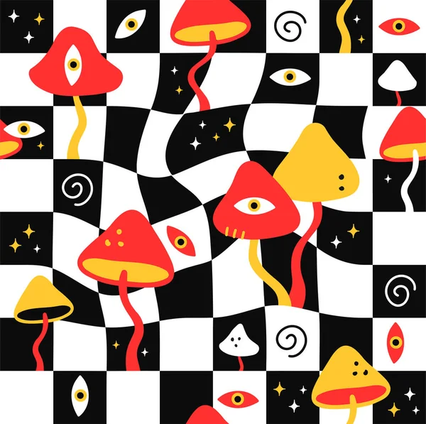 Champignons magiques et cellules géométriques fondues motif sans couture. Illustration vectorielle de dessin animé fou. Champignons magiques, yeux psychédéliques, acide, trippy, cellules, techno sans couture motif papier peint concept — Image vectorielle