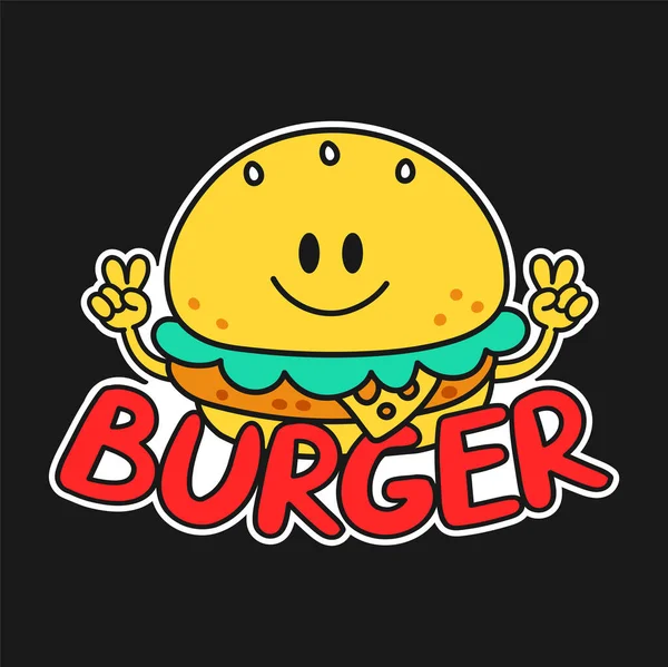 Bonito hambúrguer feliz engraçado mostrar logotipo gesto de paz. Vector doodle linha cartoon kawaii personagem ilustração ícone. Burger citação logotipo conceito —  Vetores de Stock