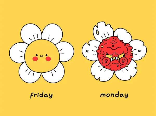 Divertida flor loca feliz y enojada. Viernes vs lunes. Vector doodle diseño de ilustración de personajes de dibujos animados. Flor, amor viernes, odio lunes impresión para cartel, concepto de camiseta — Archivo Imágenes Vectoriales