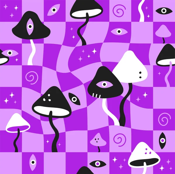 Magische Pilze und schmelzen Geometriezellen nahtlose mutern.Vector verrückte Cartoon-Illustration. Magische Pilze, psychedelische Augen, Säure, trippy, Zellen, Techno nahtlose Tapeten-Print-Konzept — Stockvektor