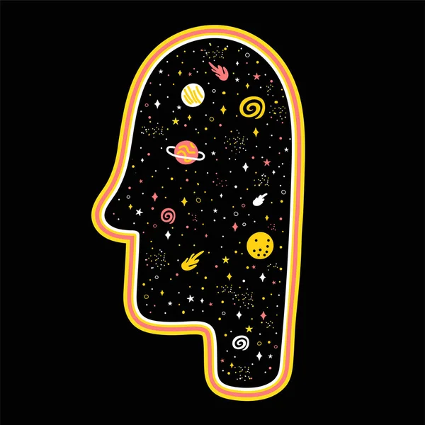 Silhouette testa umana con cosmo spaziale all'interno. Testa umana, mente, sogno creativo, consapevole, mindfulness stampa per t-shirt, poster, carta, adesivo concetto — Vettoriale Stock