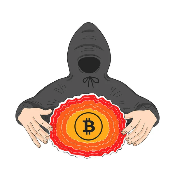 Hacker στο καπό και σύμβολο bticoin. Εικονίδιο εικονογράφησης διανυσματικών χαρακτήρων. Απομονωμένο σε λευκό φόντο. Hacker, σπάσει την άμυνα, Bitcoin crypto έννοια νομίσματος — Διανυσματικό Αρχείο