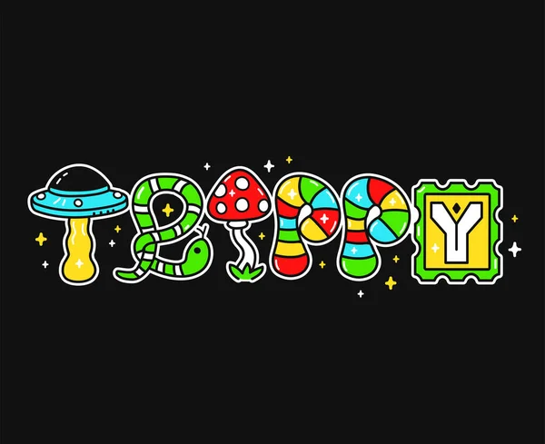 Trippy λέξη, trippy ψυχεδελικά γράμματα στυλ.Διάνυσμα χέρι που doodle εικονογράφηση χαρακτήρα κινουμένων σχεδίων.Αστεία δροσερό trippy γράμματα, trippy, οξύ εκτύπωσης μόδας για t-shirt, αφίσα έννοια — Διανυσματικό Αρχείο