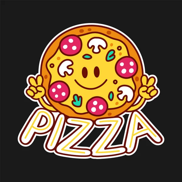 Cute śmieszne happy pizza show pokojowego gestu logo. Wektor bazgroły linii kreskówki Kawaii postać ikona ilustracji. Koncepcja logo pizzy — Wektor stockowy