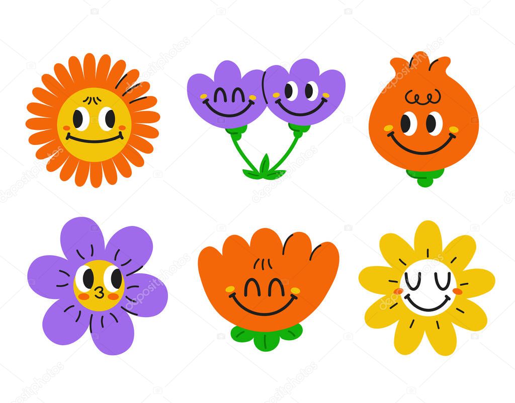 Cute funny kawaii smile face flowers set collection.Vector cartoon kawaii character illustration design.Positive vintage smile face,chamomile flower,garden bundle set concept
