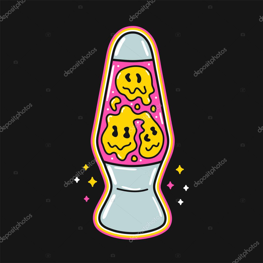 Funny hippie 70s style lava light lamp with melt smile face t-shirt print. Vector cartoon illustration sticker design. Psychedelic,groovy,trippy lava lamp print for t-shirt,poster,card concept